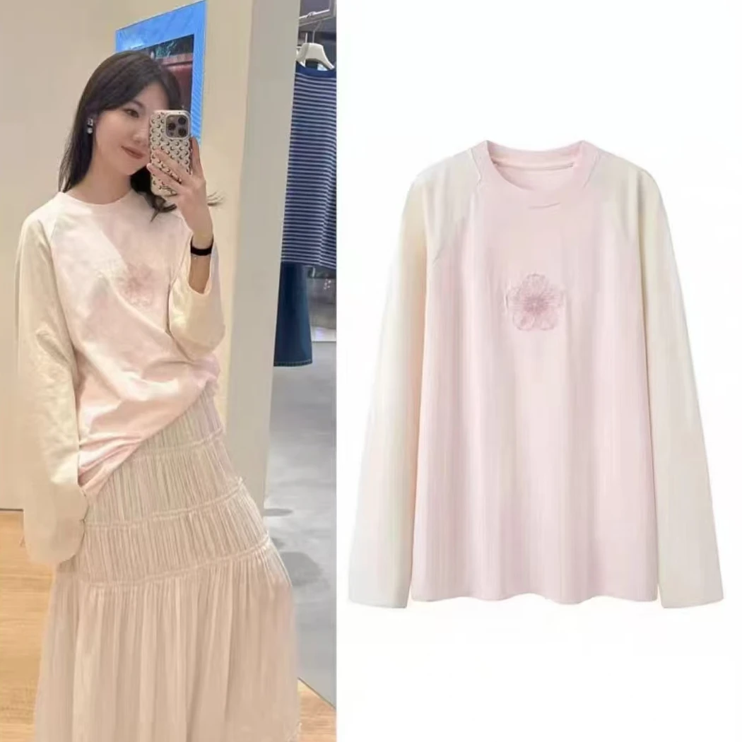 44.2025夏季新款字母百搭宽松花朵刺绣印花长袖T恤