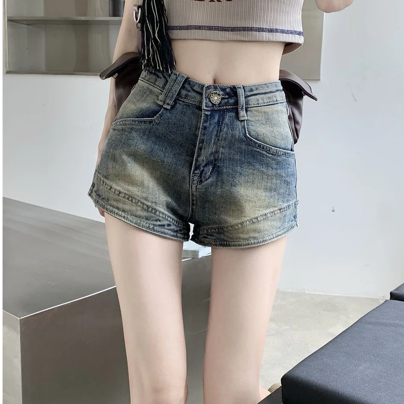 夏季韩版显瘦复古牛仔裤辣妹高腰三分裤