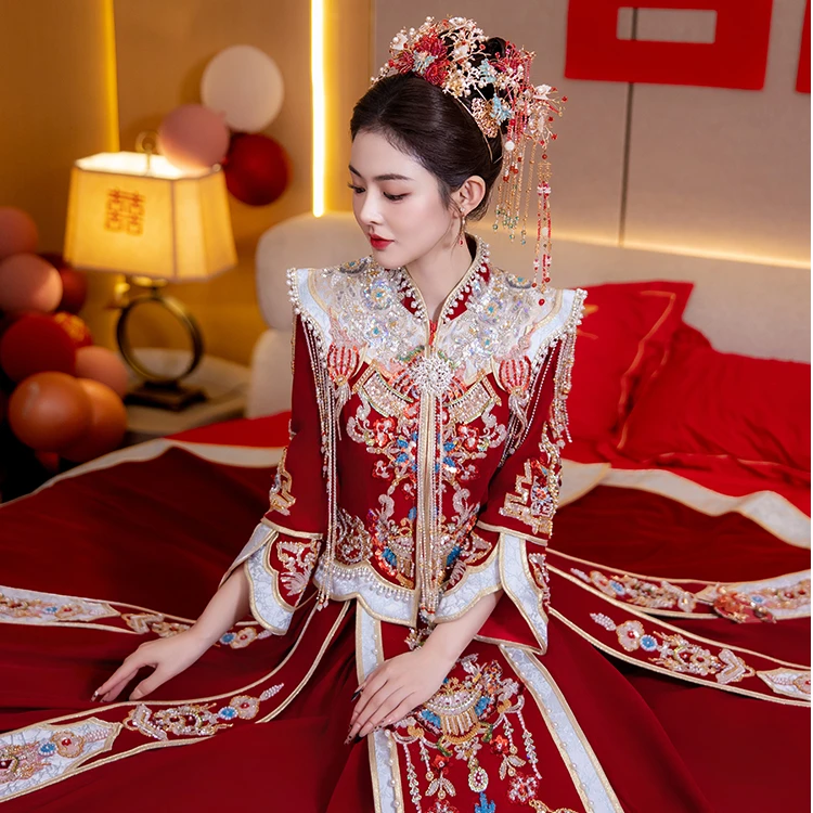 丝绒秀禾服立领新中式嫁衣收腰结婚婚服敬酒服