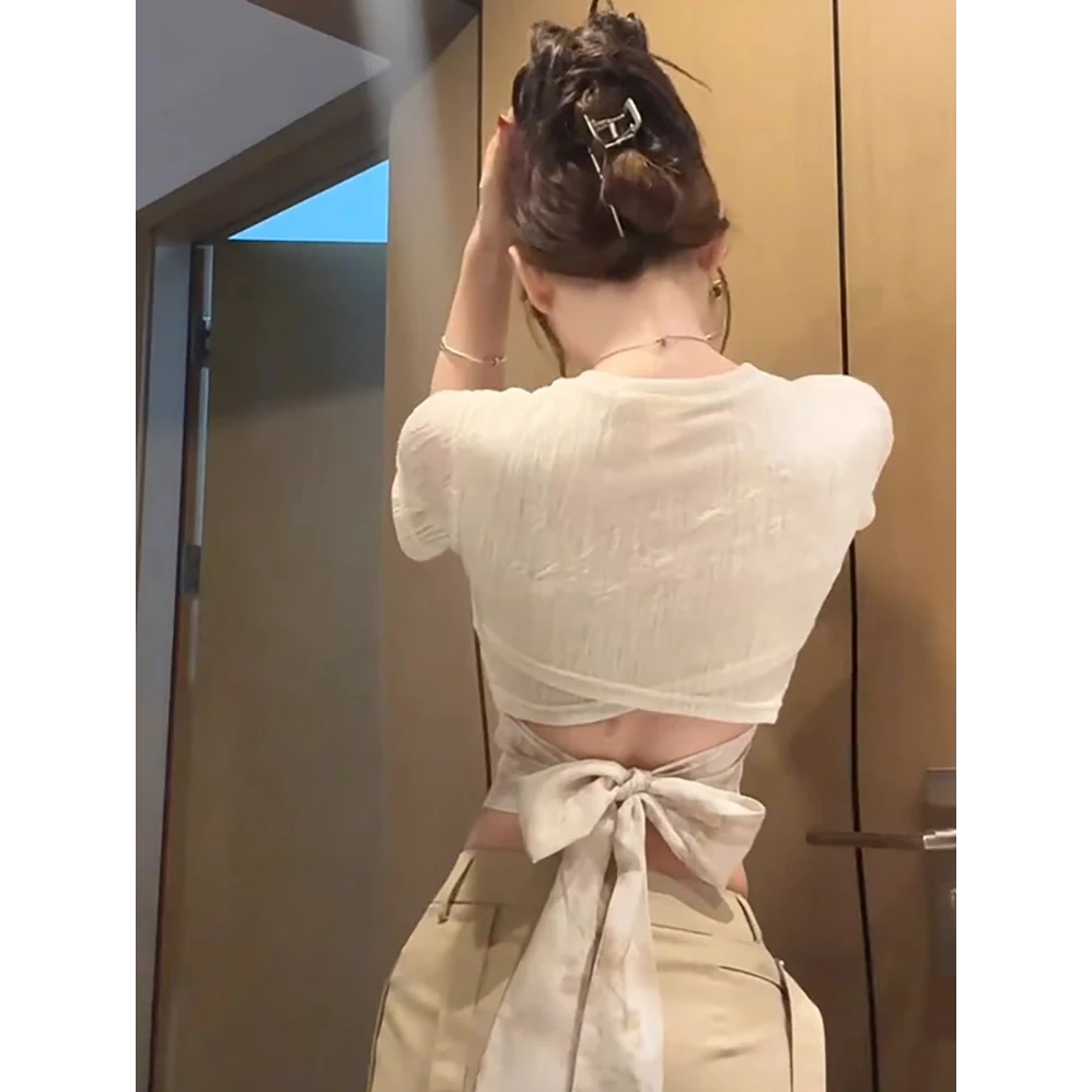 Notdefi纯欲辣妹后背镂空绑带短袖T恤女夏季微透修身显瘦短款上衣