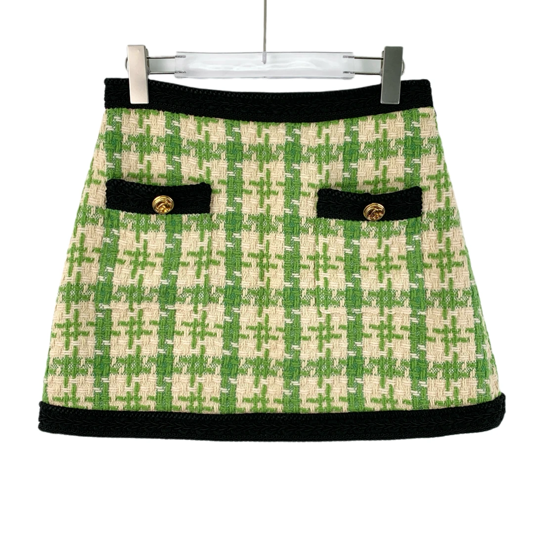 99新 GUCCI/古驰 DW0603  浅绿色羊毛编织粗半身裙 42码