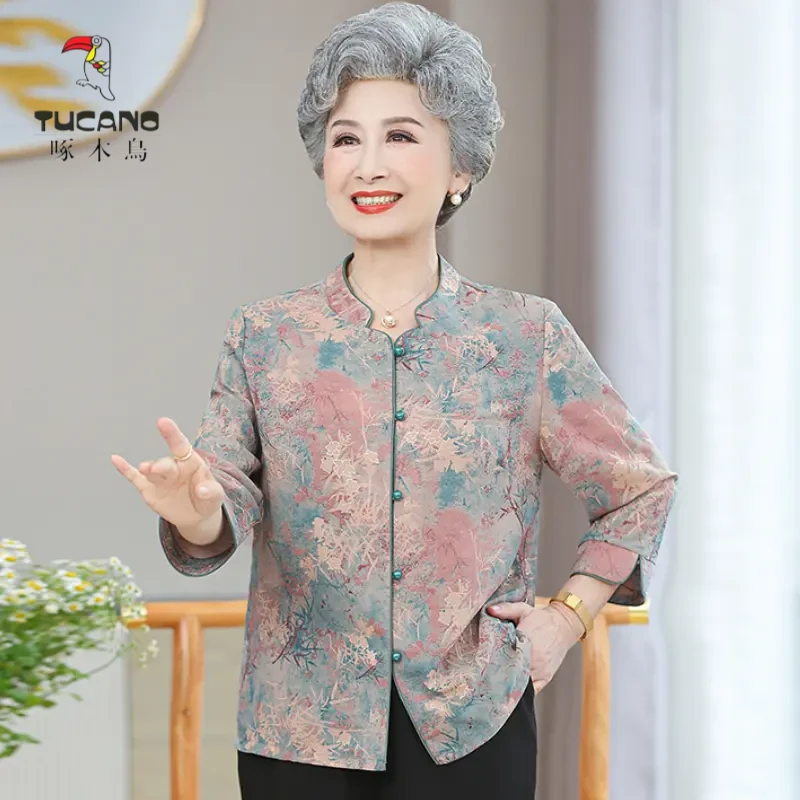 啄木鸟中老年衬衫奶奶夏季老太太老人衣服洋气中老年人妈妈装衬衣