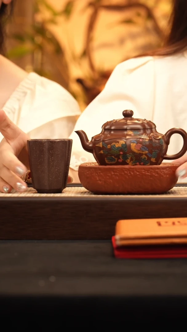 茶壶紫砂YF筋纹笑樱 紫泥-杯-壶承