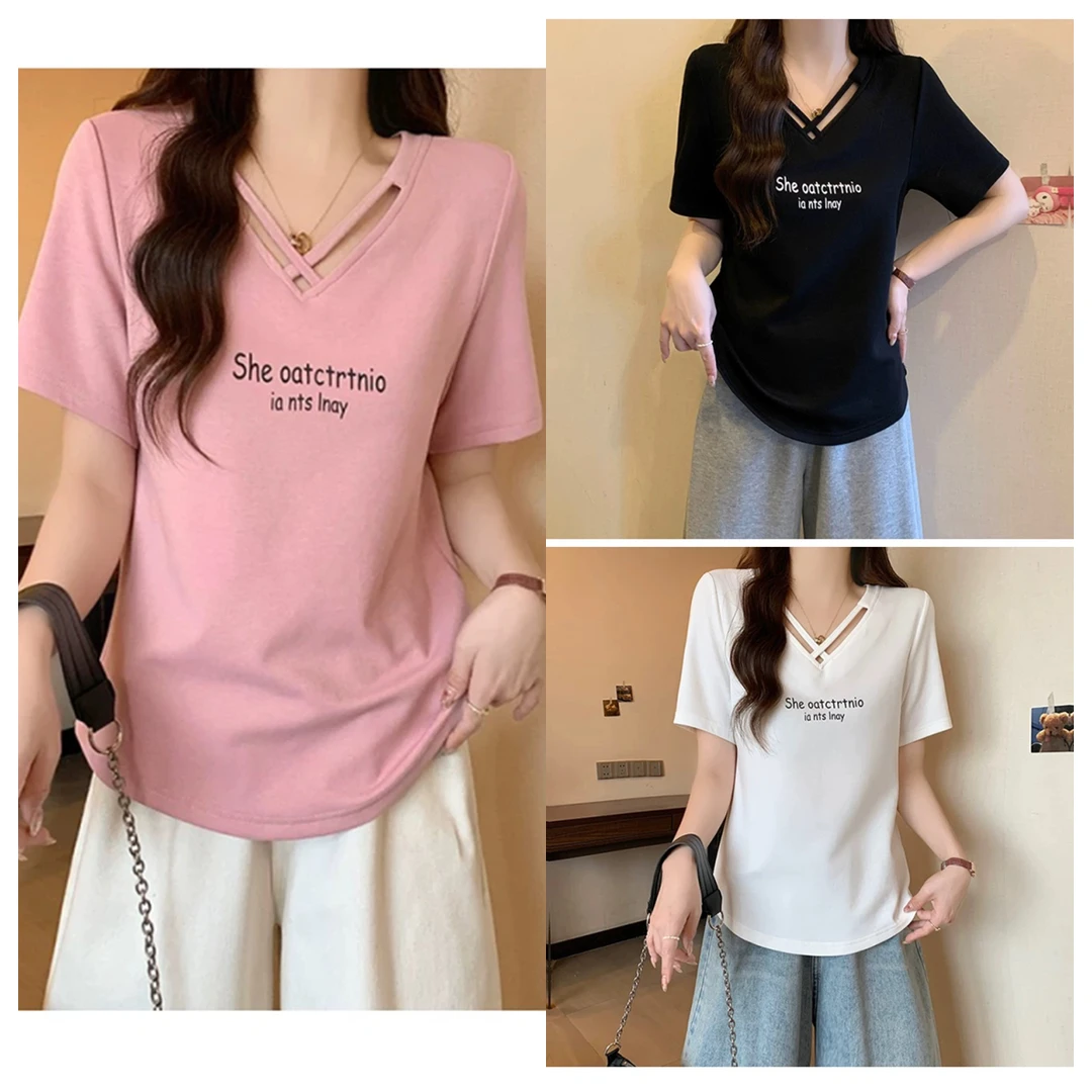 大码女装正肩交叉V领短袖T恤休闲百搭字母印花宽松显瘦半袖上衣