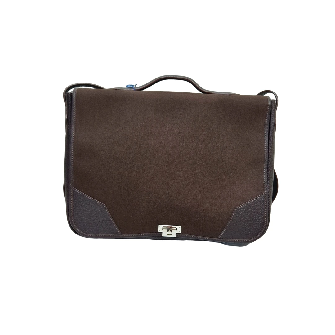 99新 Hermes/爱马仕 男包奢侈品棕色翻盖帆布拼皮单肩公文包/0772