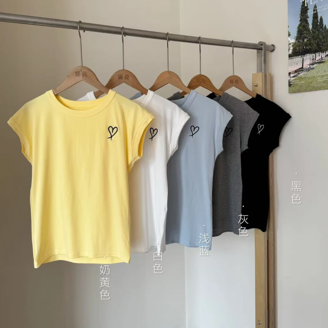 韩系小众简约爱心刺绣小飞袖正肩圆领短袖T恤H5857