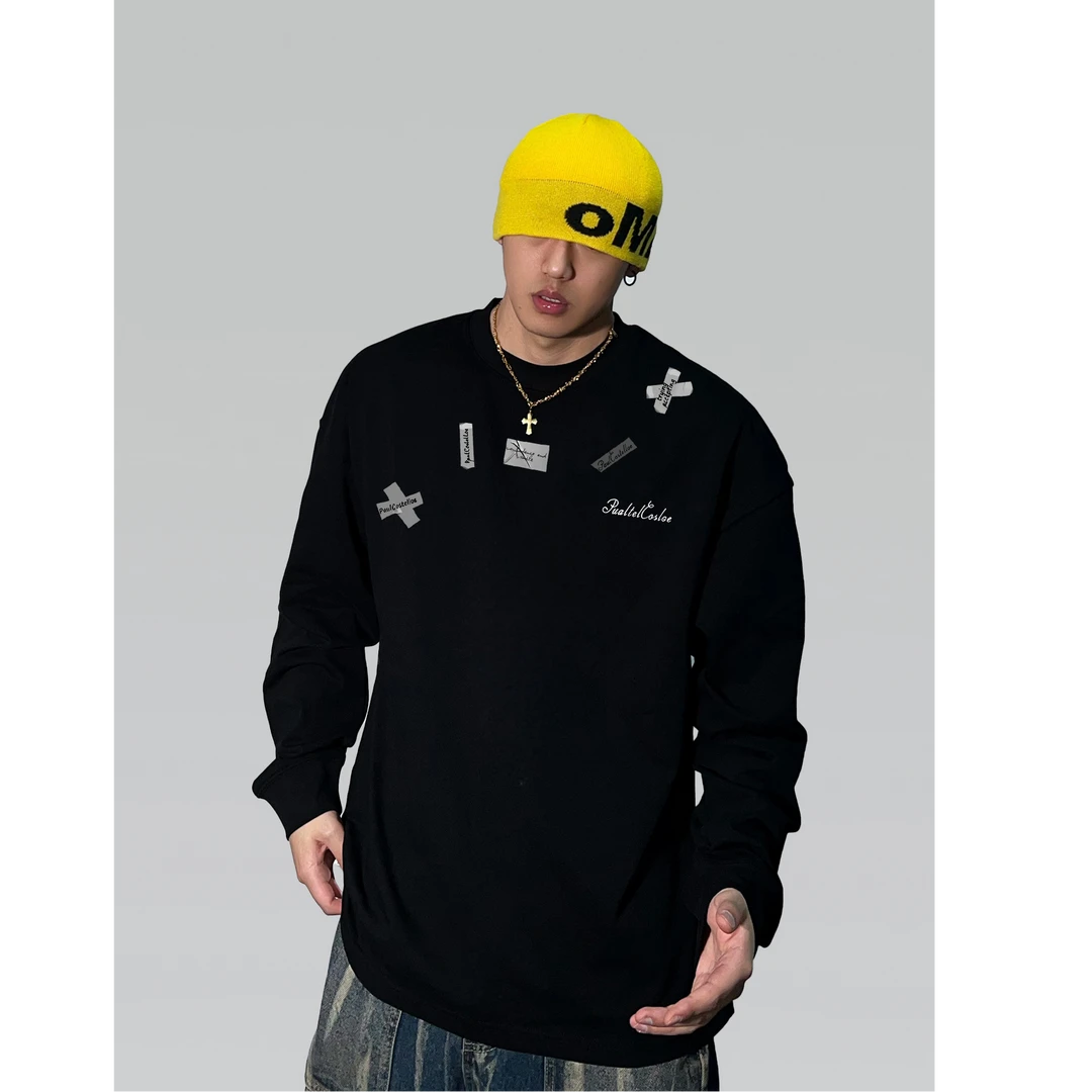 280g设计感国潮美式t恤男长袖秋季复古潮牌宽松上衣个性内搭男装