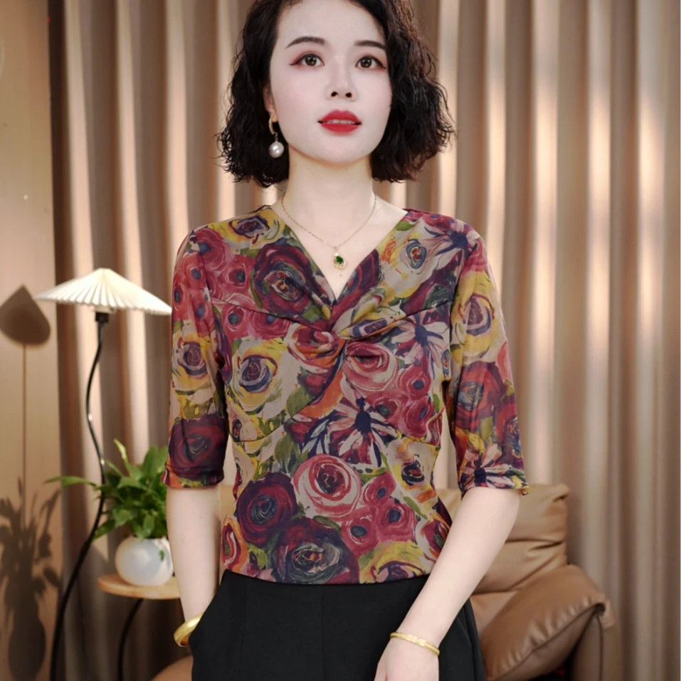 夏季百搭中袖飘带妈妈装女士气质小衫显瘦打底衫气质