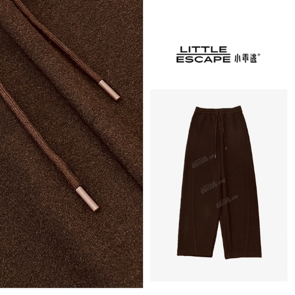 小乖逃双色！时尚白色咖色长裤卫裤加绒松紧腰咖色抽绳直筒TS8125