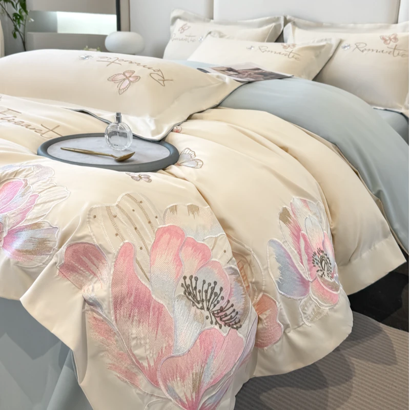 富安娜A类高档160支全棉四件套纯棉裸睡小清新刺绣被套床单床笠款