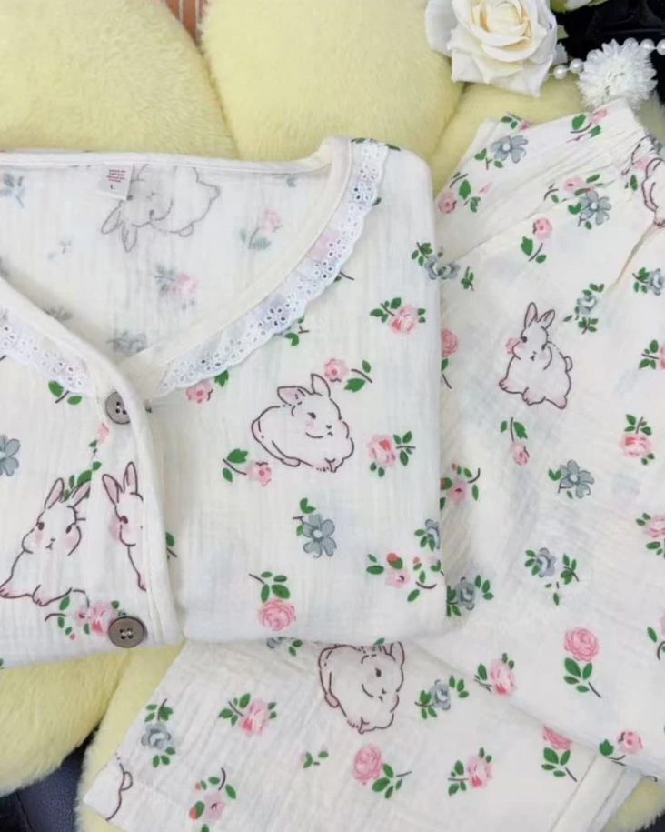 2025新品双层棉纱碎花兔子纯棉宽松家居服睡衣女士田园风套装