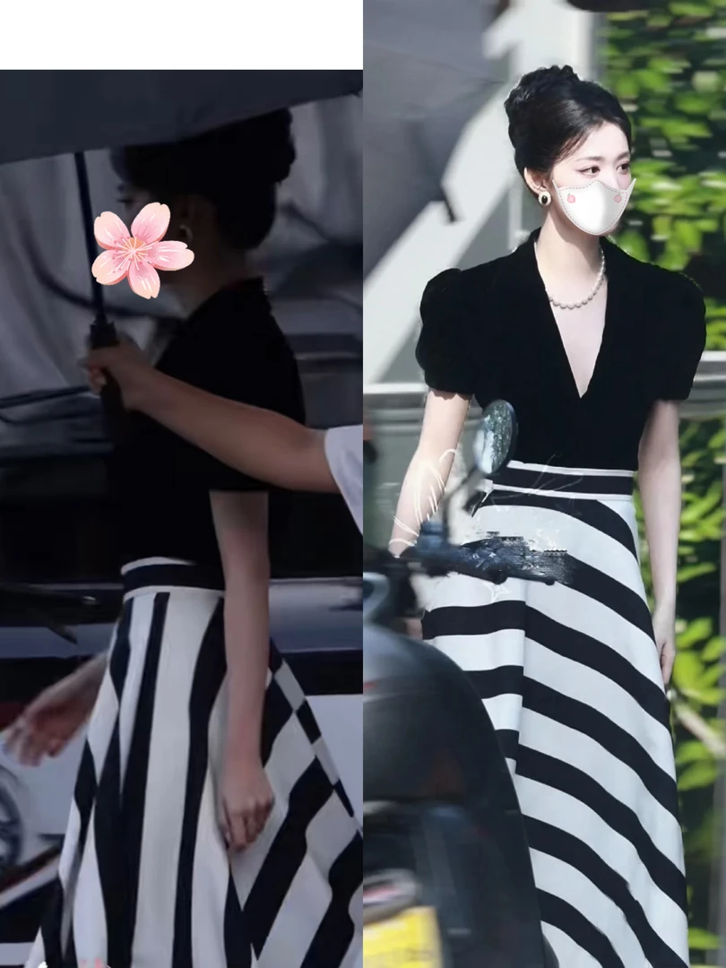 黑色西服V领收腰短袖上衣+气质条纹半身裙子两件套这一秒过火同款