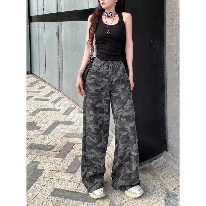 美式街头迷彩阔腿裤女2025夏季新款高腰宽松显瘦显高潮酷牛仔长裤