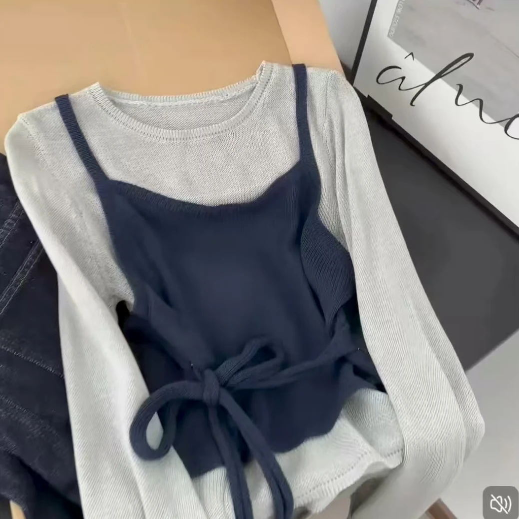 秋季百搭显瘦吊带背心长袖T恤两件套女韩系新款小众宽松休闲上衣