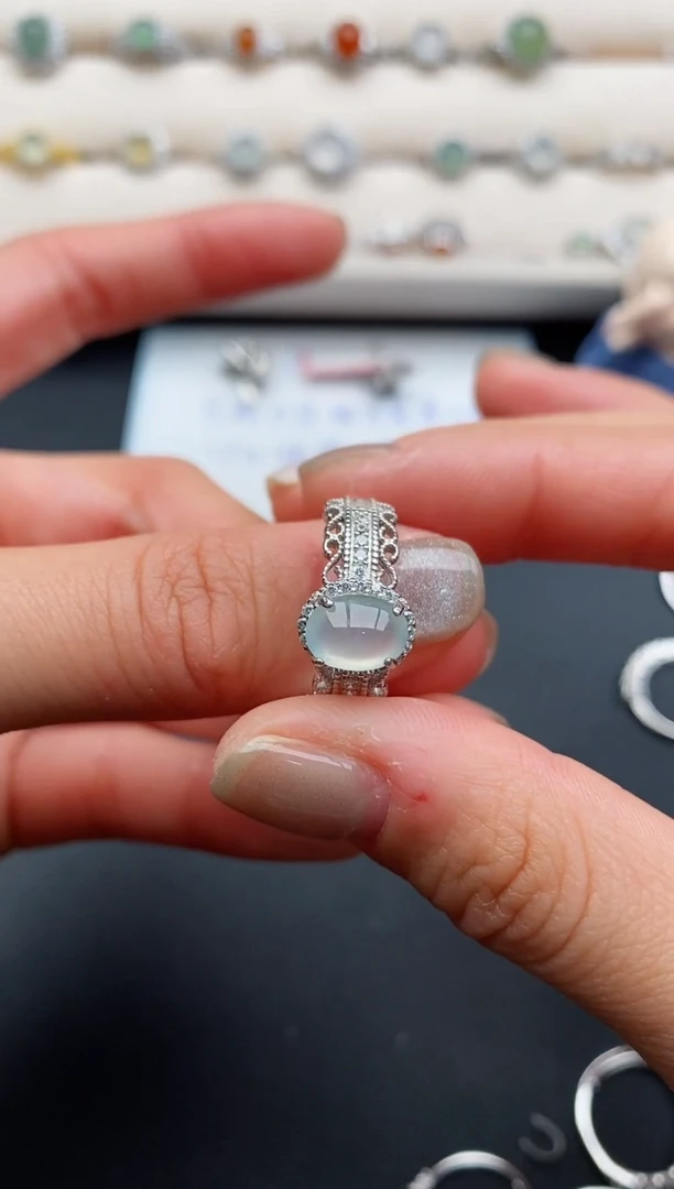 银S925镶嵌戒指翡翠缅甸天然A货翡翠33  2-9