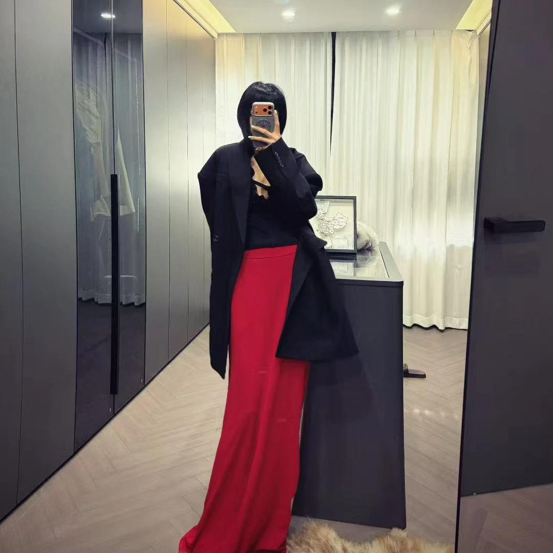 【欢喜SS】冬季新年红”大气场气质女主“高腰垂感拖地纯色时尚半身裙