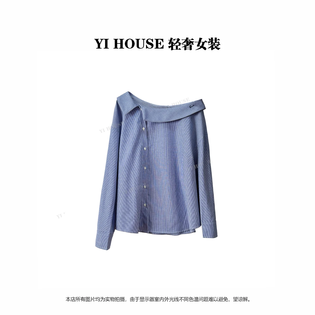 Yihouse2025春季新款不规则设计斜肩条纹衬衫女小众时尚长袖衬衣