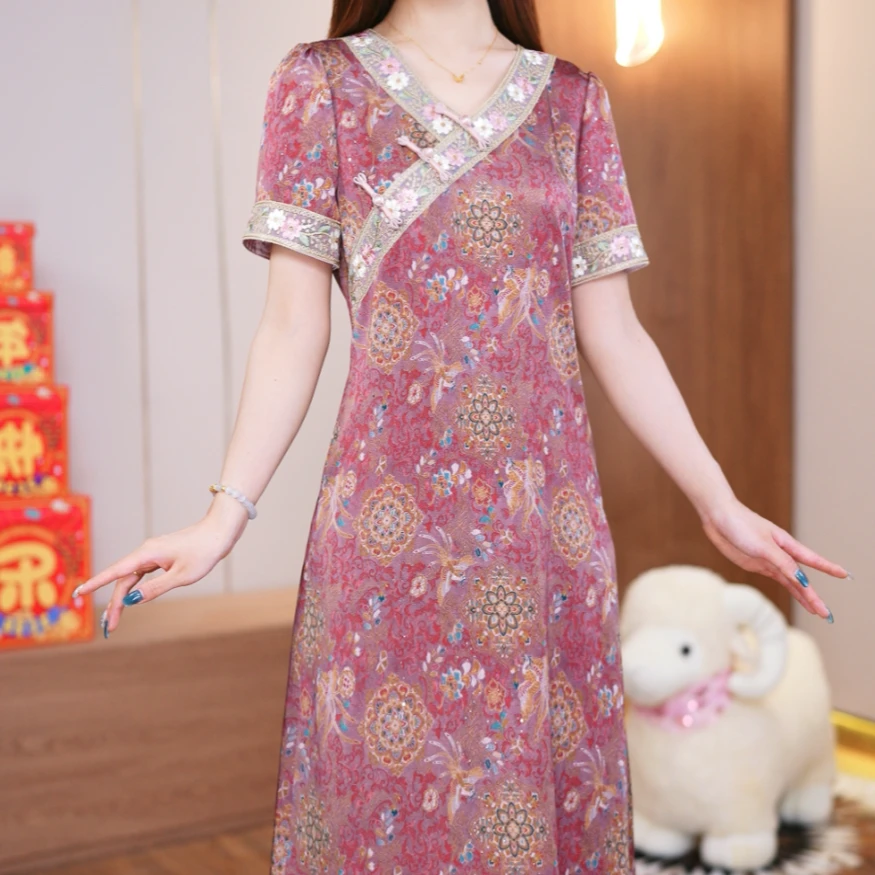 【GC璐娅娜专享】2025新款真丝桑蚕丝裙子女夏季中式显瘦国风连衣裙