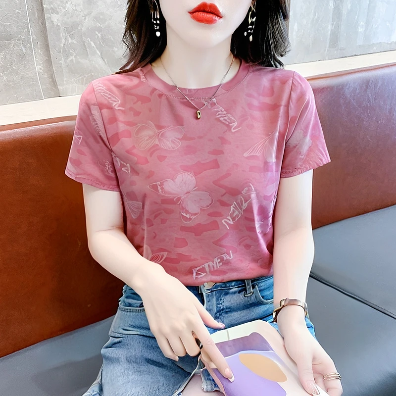 夏季洋气扎染短袖t恤女圆领宽松印花体恤新款2025时尚休闲上衣潮