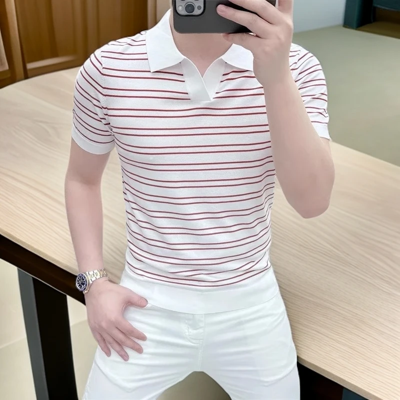 维斯克纳时尚男士针织冰丝短袖T恤条纹时尚百搭夏季半袖上衣翻领