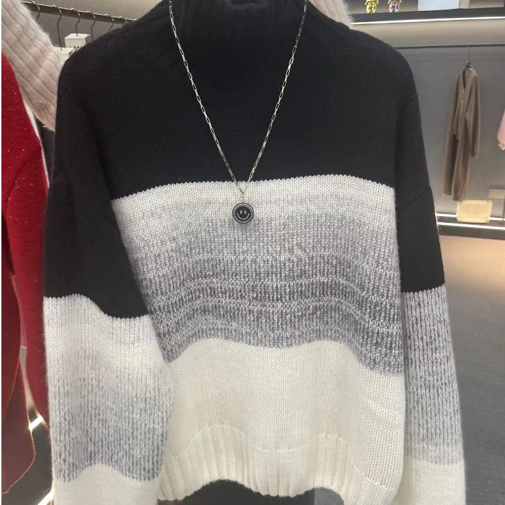 【经典】网红打底条纹秋冬拼接撞色拼色半高领毛衣