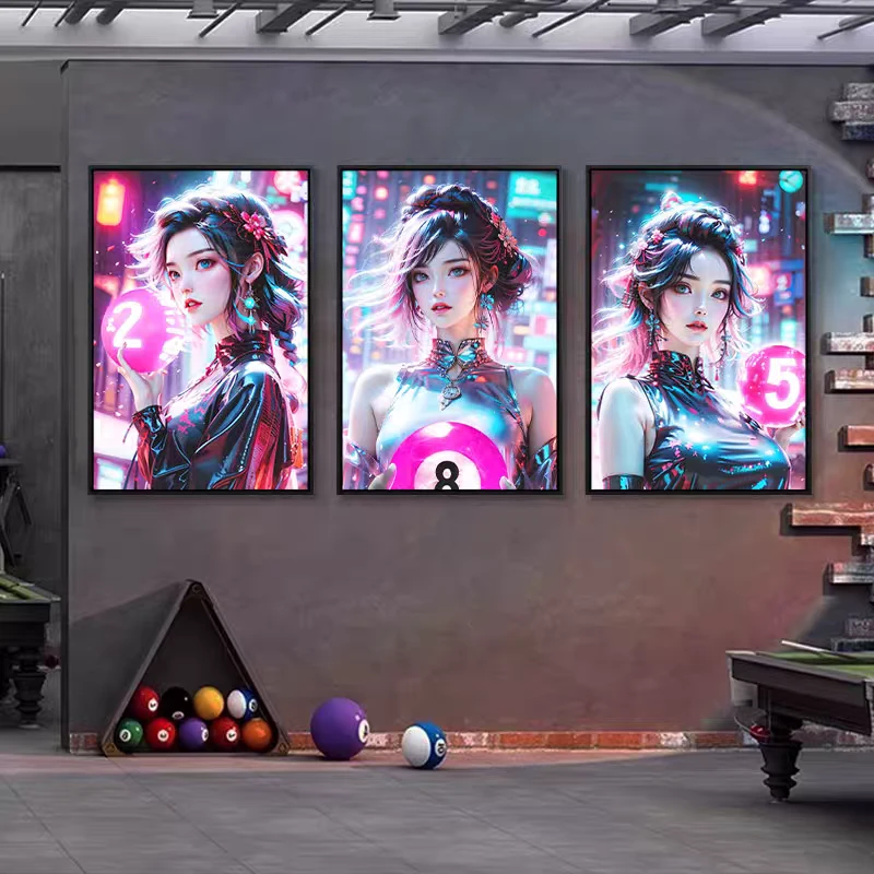 台球厅发光装饰画赛博朋克美女桌球室挂画棋牌KTV俱乐部发光灯箱