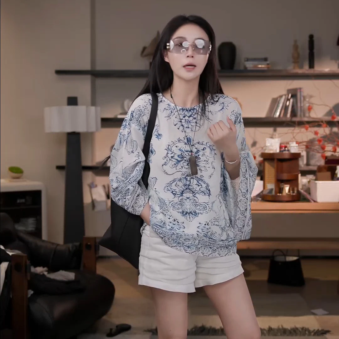 【张七七】重磅32.7%桑蚕丝复古印花中式上衣宽松新中式夏季春夏