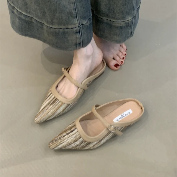 LB-B859法式复古浅口包头半拖鞋女外穿尖头凉拖鞋一字带平底凉鞋