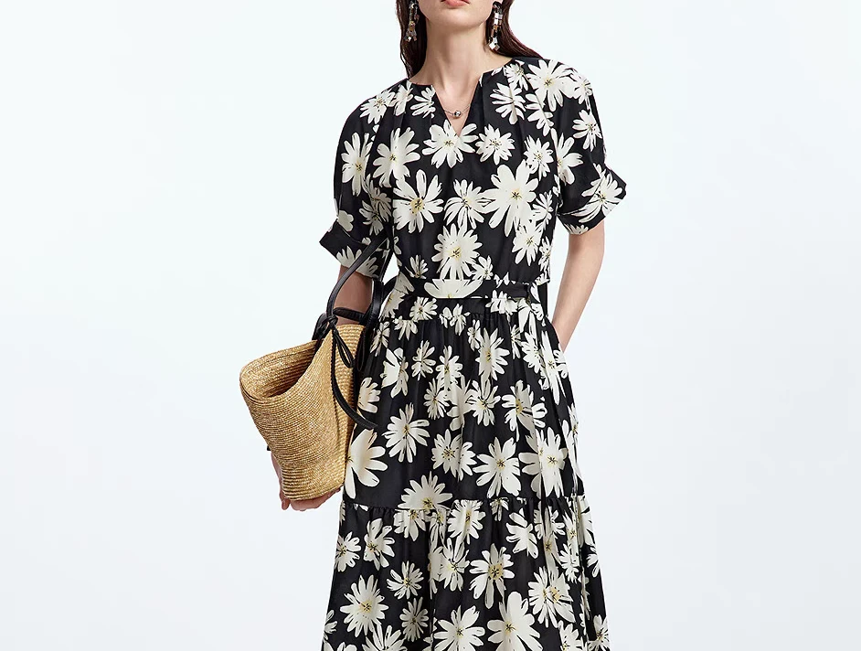 朗么姿V领碎花收腰A字气质高级感大摆秋季新款女士连衣裙LZ002