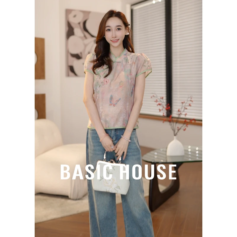 Basic House/百家好【情窦初开】斜襟提花短款气质小衫B1195B5W992