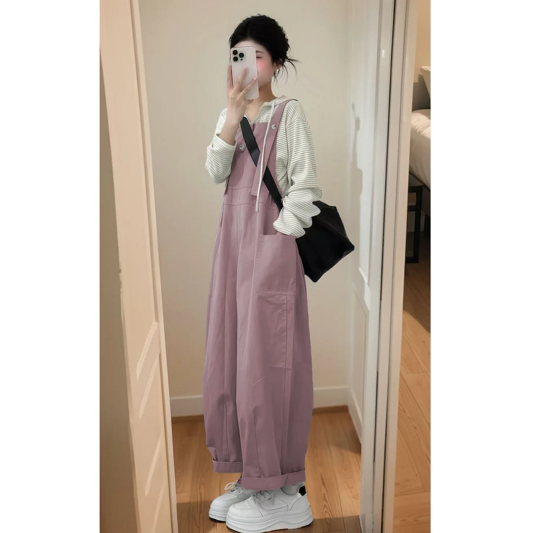 慵懒风休闲时尚套装女条纹连帽上衣粉色背带裤两件套2025春季新款