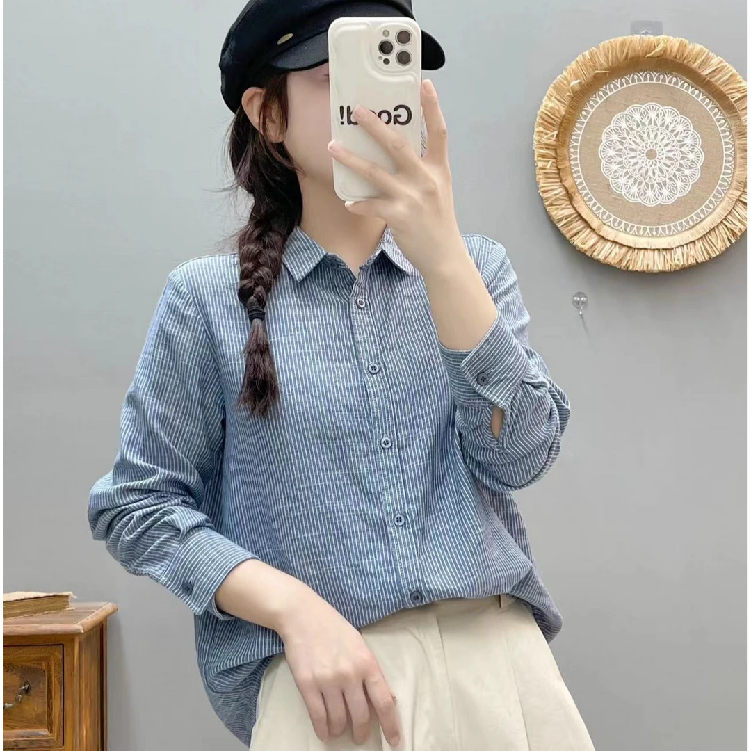 秋季原创色织棉纱色织条纹衬衫女长袖显瘦透气舒适百搭休闲衬衣女