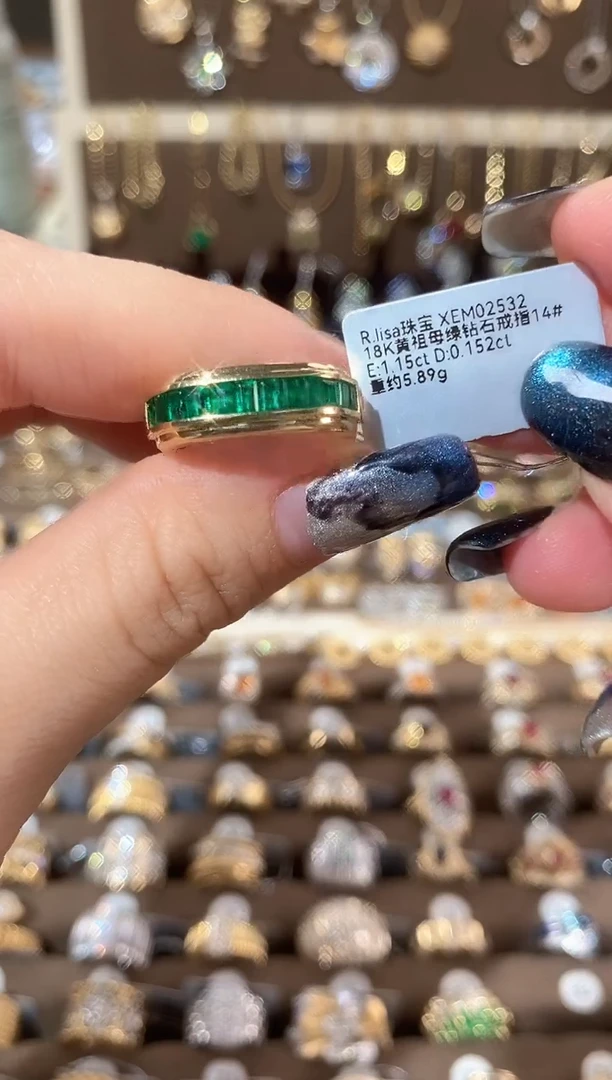18K金镶嵌戒指祖母绿18K黄刻长祖母绿钻石戒指14#