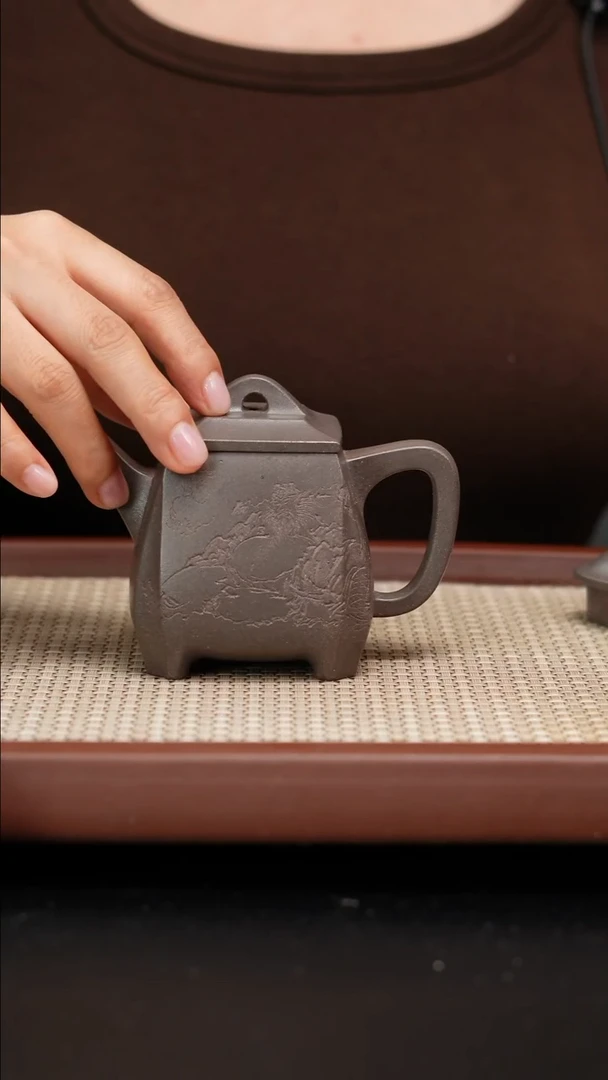 【闪购商品】紫砂茶壶全手工天青四方高石瓢刻绘