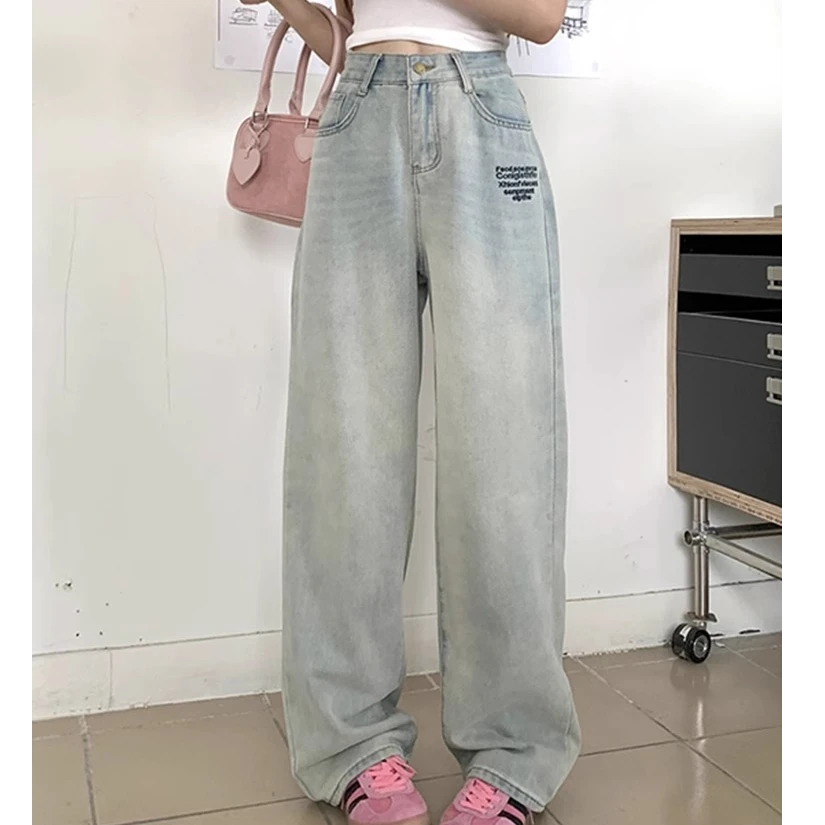 浅色阔腿牛仔裤女春季新款字母刺绣设计高腰大码梨形身材显瘦长裤