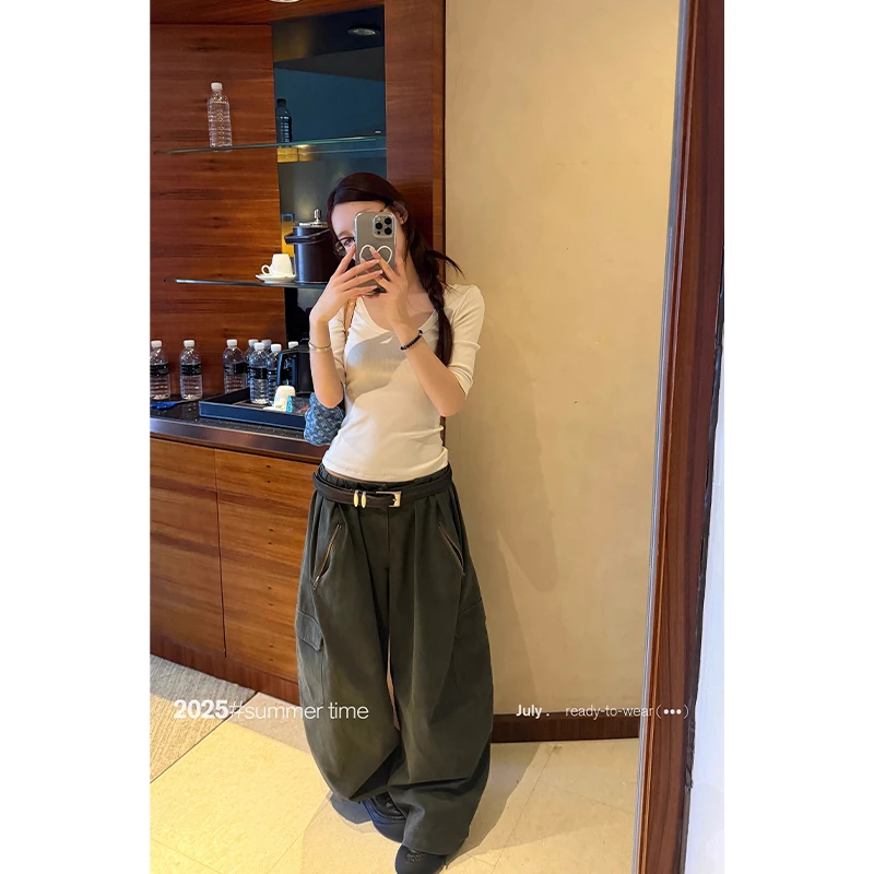 早秋简约通勤修身显瘦百搭半袖打底上衣直筒宽松工装裤阔腿裤女