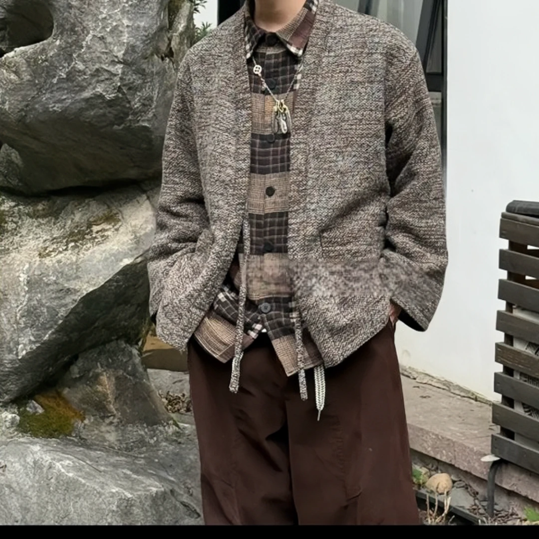 2024秋冬新款小众复古短款编织道袍粗花呢针织外套男士夹克外套