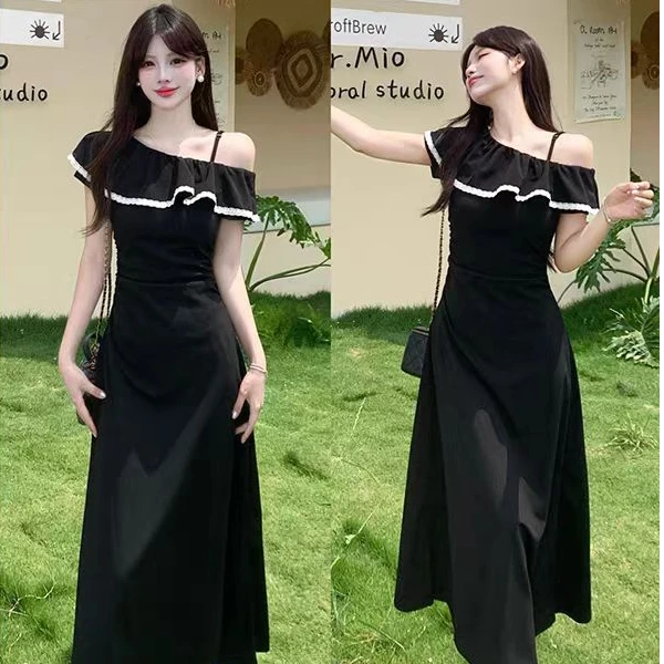（80-200斤）气质显瘦时尚设计感长款小个子女连衣裙夏季小黑裙1909