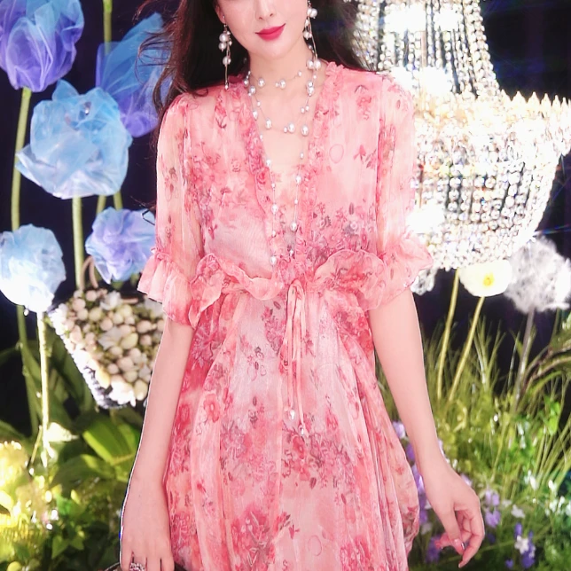 印花植物花卉夏季V领森系连衣裙夏装大码时尚短款裙子晚礼服