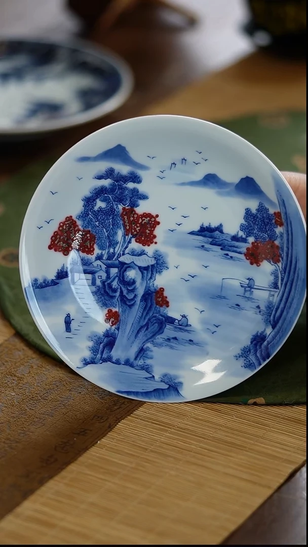 瓷景德镇陶瓷茶器青花釉里红山水壶承