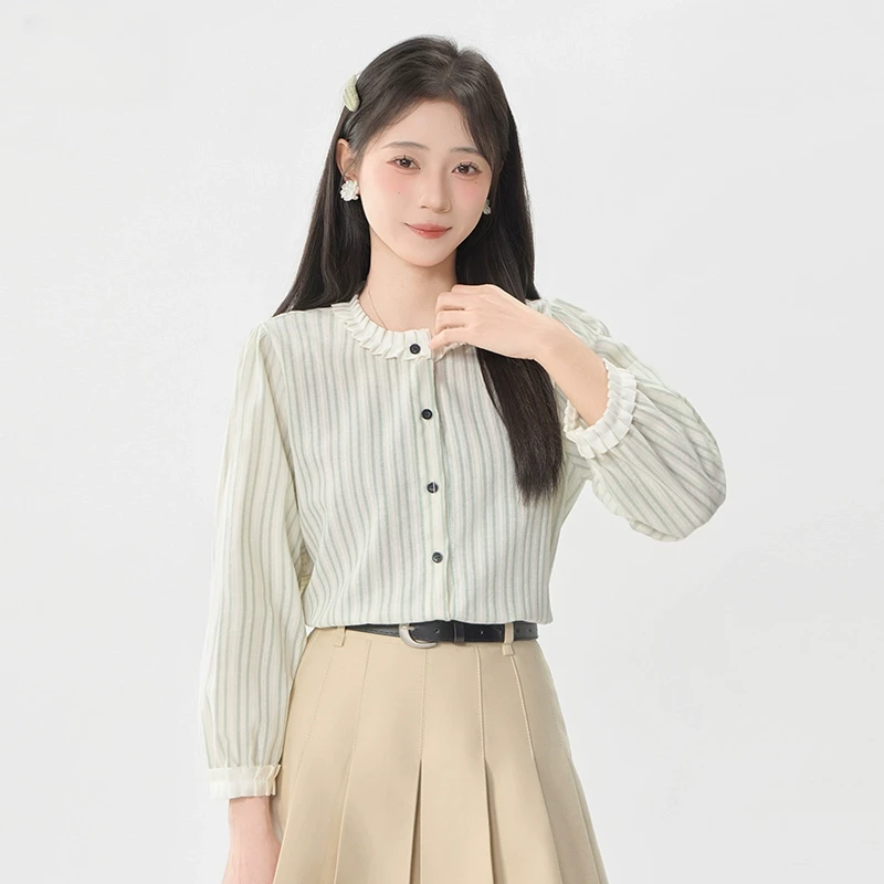 【程总专属】23791小个子绿色条纹长袖衬衫女设计感小众宽松上衣