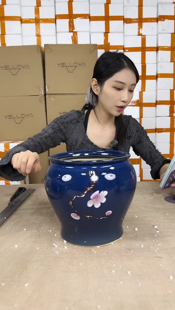 缸型宝石蓝勾花大号19x19