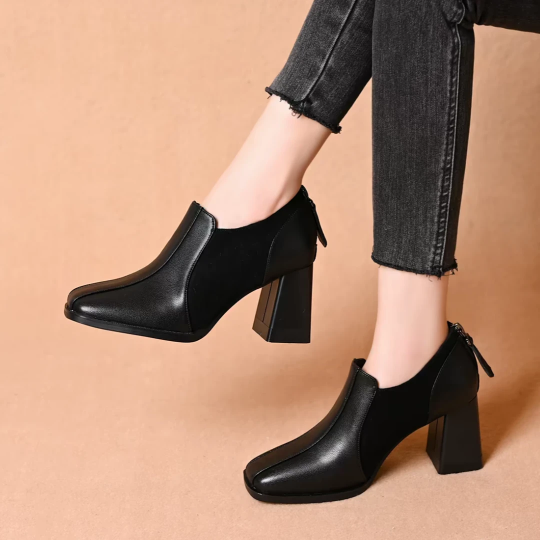 深口粗跟高跟鞋气质百搭方头裸靴黑色软舒适单鞋女中跟百搭真皮鞋