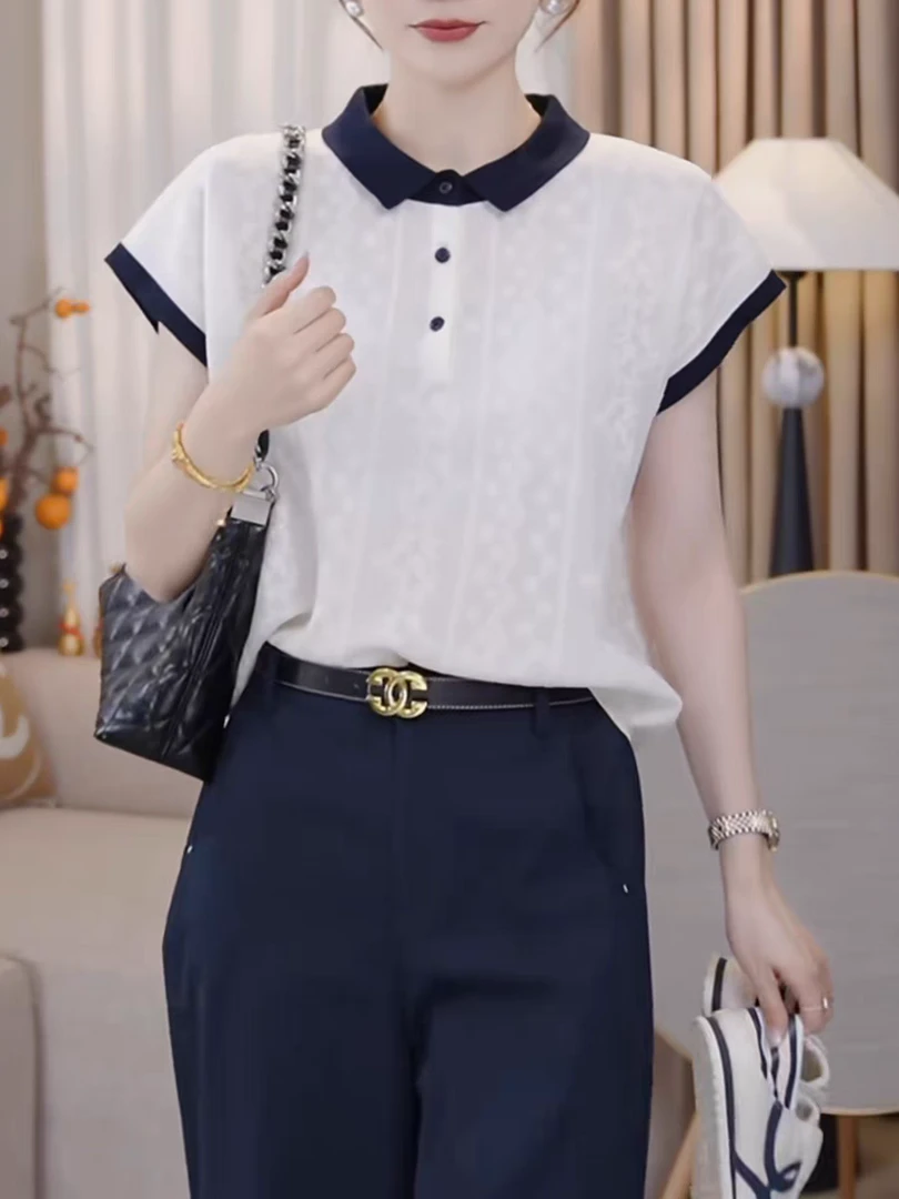 撞色polo领短袖如2025新款夏季设计感小众时尚洋气减龄上衣