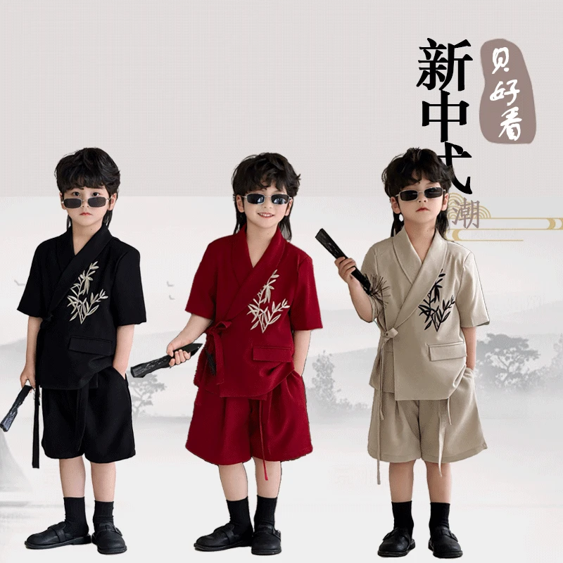 男童新中式国风西服套装夏季竹叶绣花短袖短裤儿童六一儿童节演出
