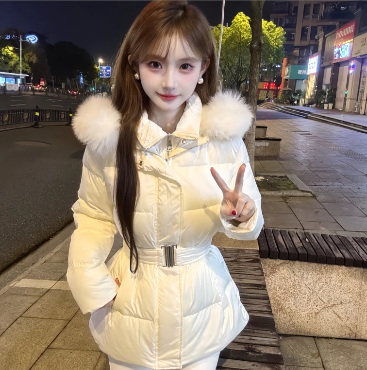 【韩女封神收腰连帽大毛领冬季贵气羽绒服】