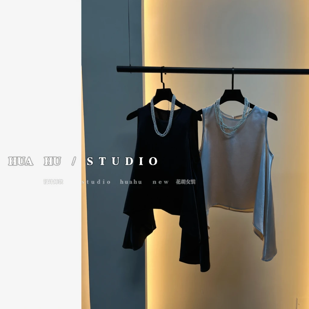 【西西里】浪漫法式 设计师款 定制不规则水光缎无袖小众上衣