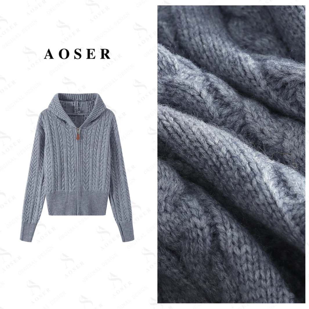 AOSER短款连帽老钱风长袖适中毛针织衫宽松慵懒风上衣1018