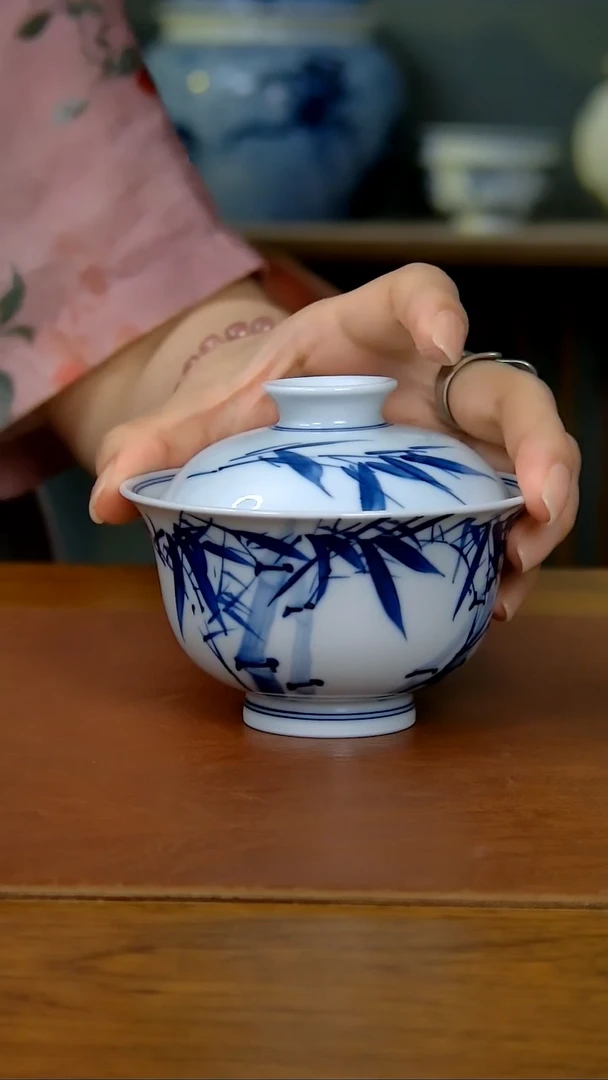 陶瓷写意竹子两才盖碗