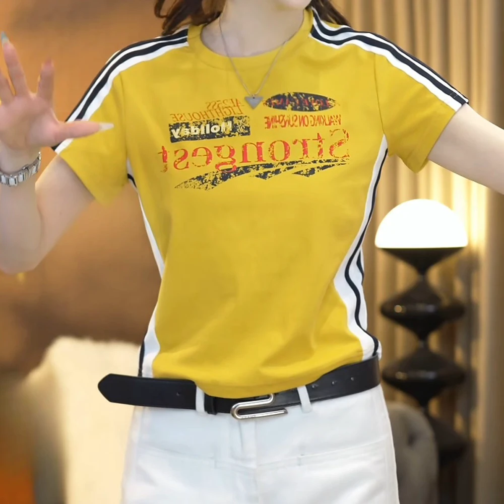 B2025夏季美式撞色字母印花落肩袖百搭短袖T恤设计师款上衣